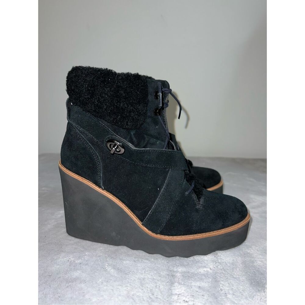 Coach Wegde Black Suede Lace Up Bootie 7 KENNA